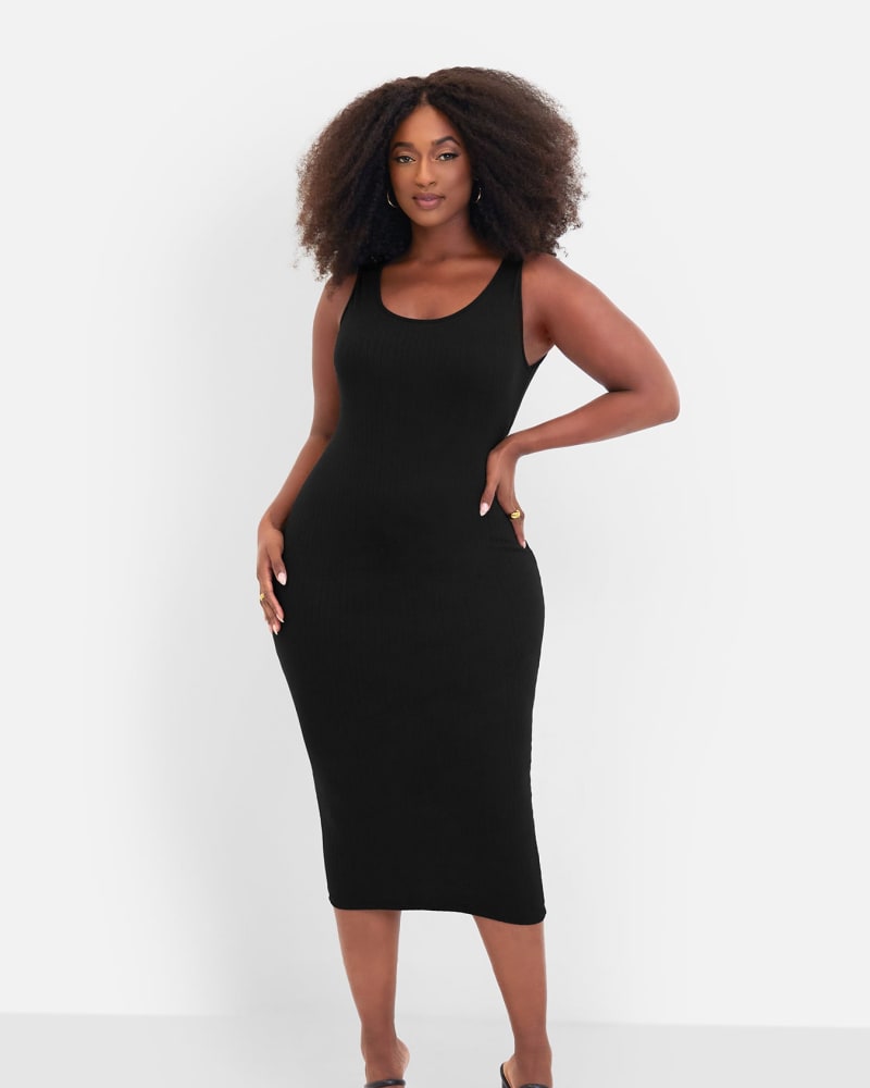 Front of a model wearing a size 3X Essential Ribbed Tank Midi Bodycon Dress in Black by Rebdolls. | dia_product_style_image_id:320963